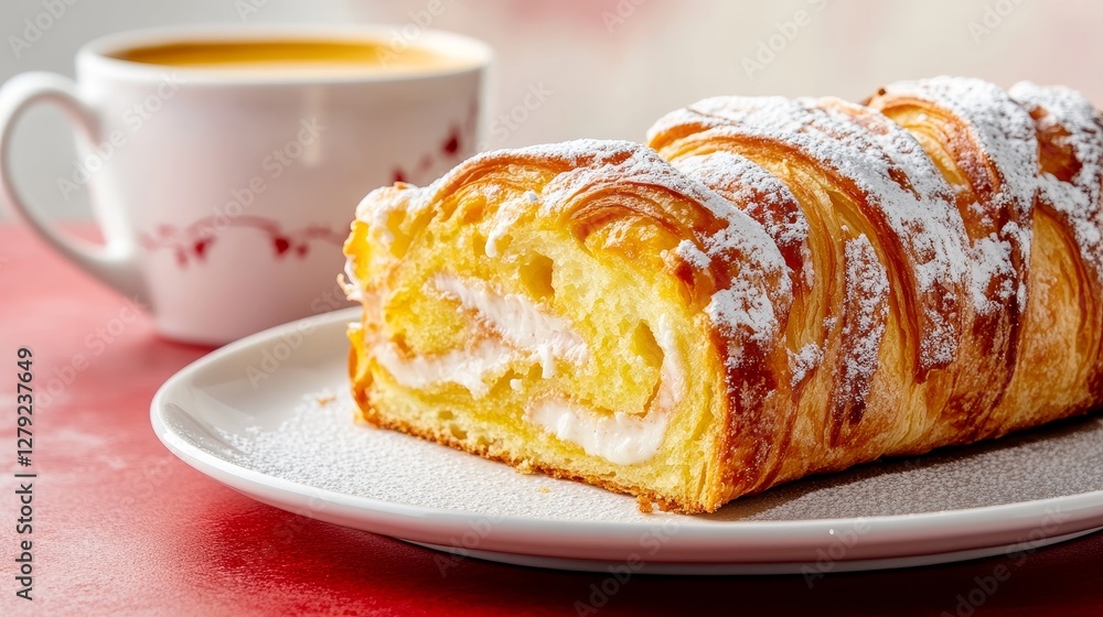 Deliciously Crafted Cake Roll With Cream Filling Served With a Cup of Coffee on a Cozy Table Setting Deliciously Crafted Cake Roll With Cream Filling Served With a Cup of Coffee on a Cozy Table Setting