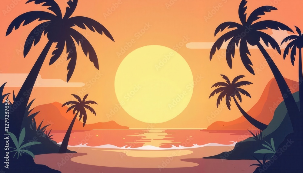 Tropical sunset over palm island silhouette, idyllic paradise ambiance Tropical sunset over palm island silhouette, idyllic paradise ambiance