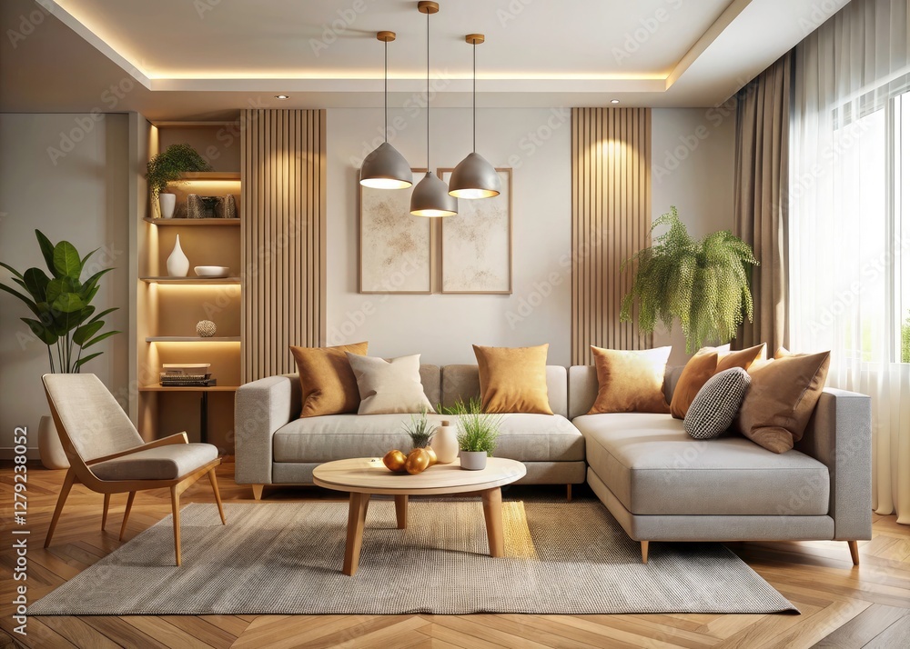 Modern Minimalist Living Room: Neutral Cozy Interior Design with Ambient Lighting