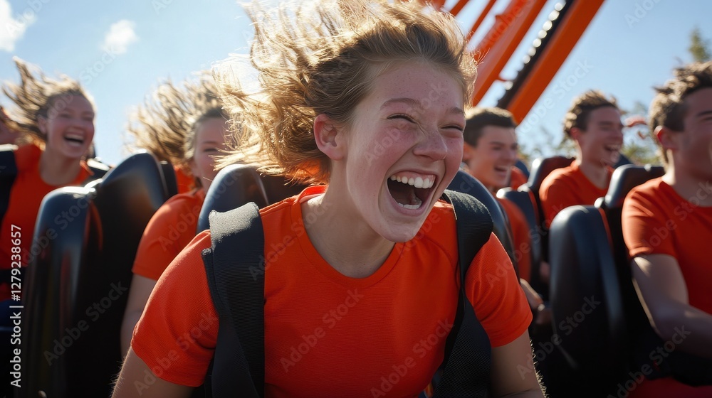 Obraz premium Joyful moments on amusement park ride with happy young people