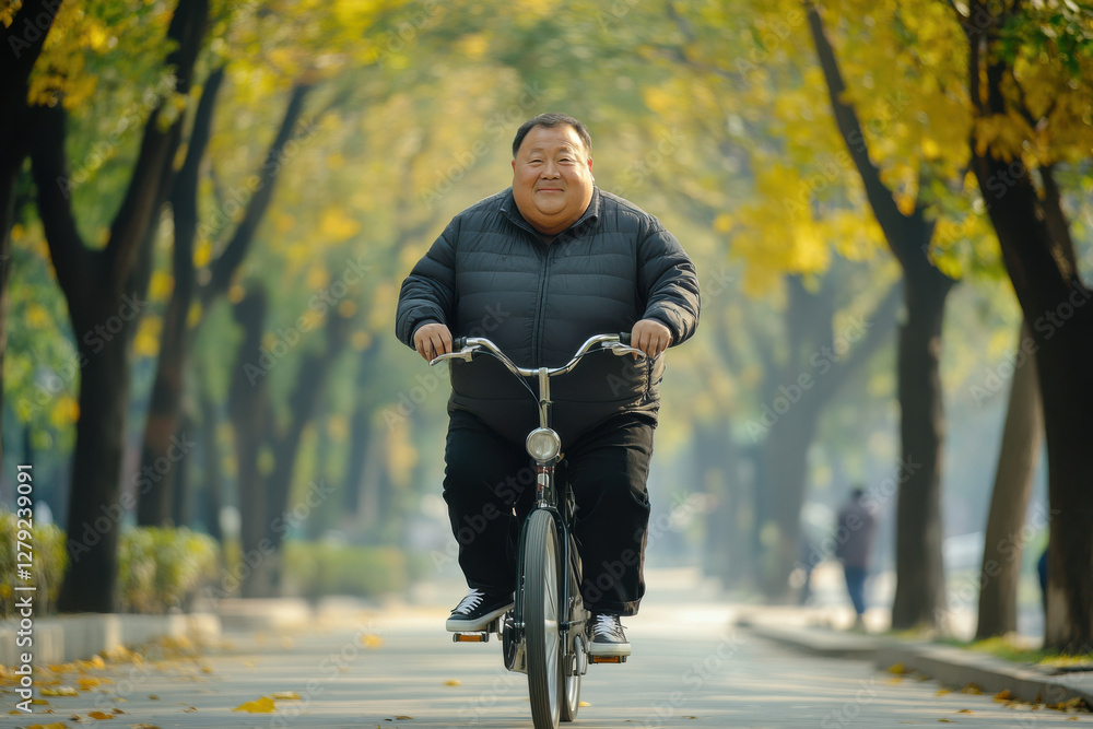 Obraz premium Overweight Man Cycling Through the Park