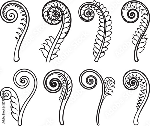 set of fiddlehead fern line art, black outline, vector and illustration, line art and outline