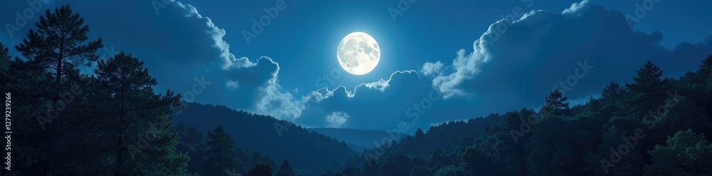 Fototapeta premium Serene forest at night with full moon and cloudy sky, clouds, trees, serene