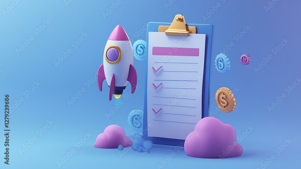 Obraz premium 3D Financial Planning and Growth Concept, 3D illustration of a clipboard with check marks