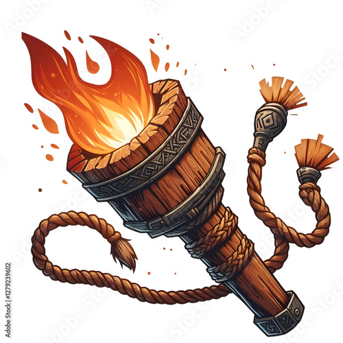 Illustration of a wooden torch fire medieval isolated on white background