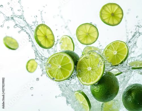 Fresh green limes with water splashes isolated on white background. Falling juicy citrus, vibrant sour slices, drops in motion. Refreshment concept for summer drink. Mojito ingredient, healthy juice.