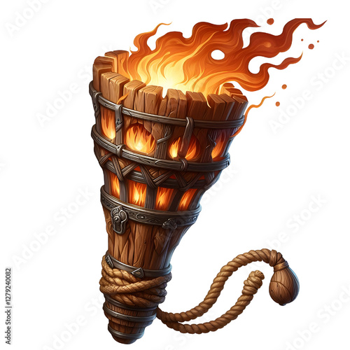 Illustration of a wooden torch fire medieval isolated on white background