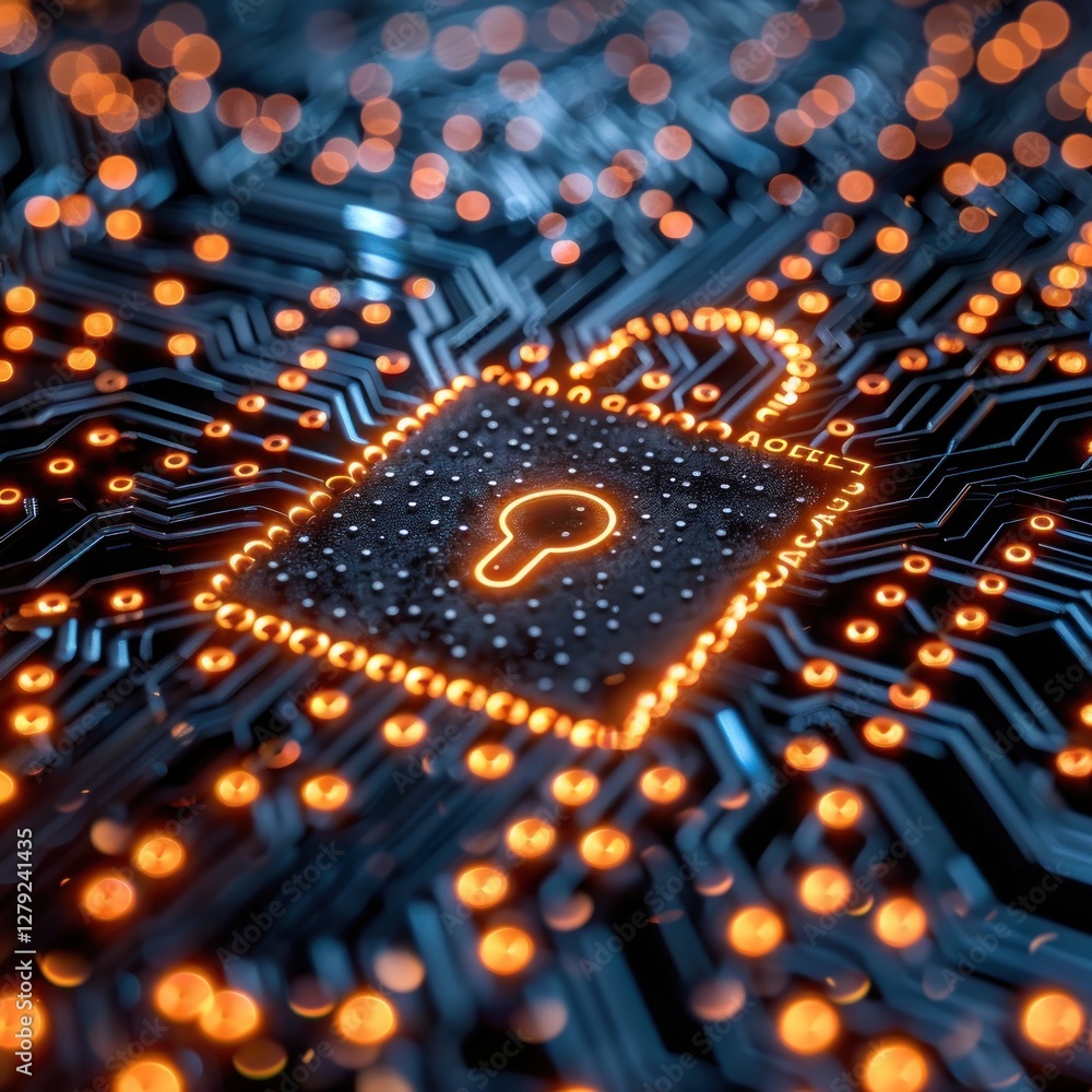 Fototapeta premium A glowing padlock symbol on a circuit board, symbolizing digital security.