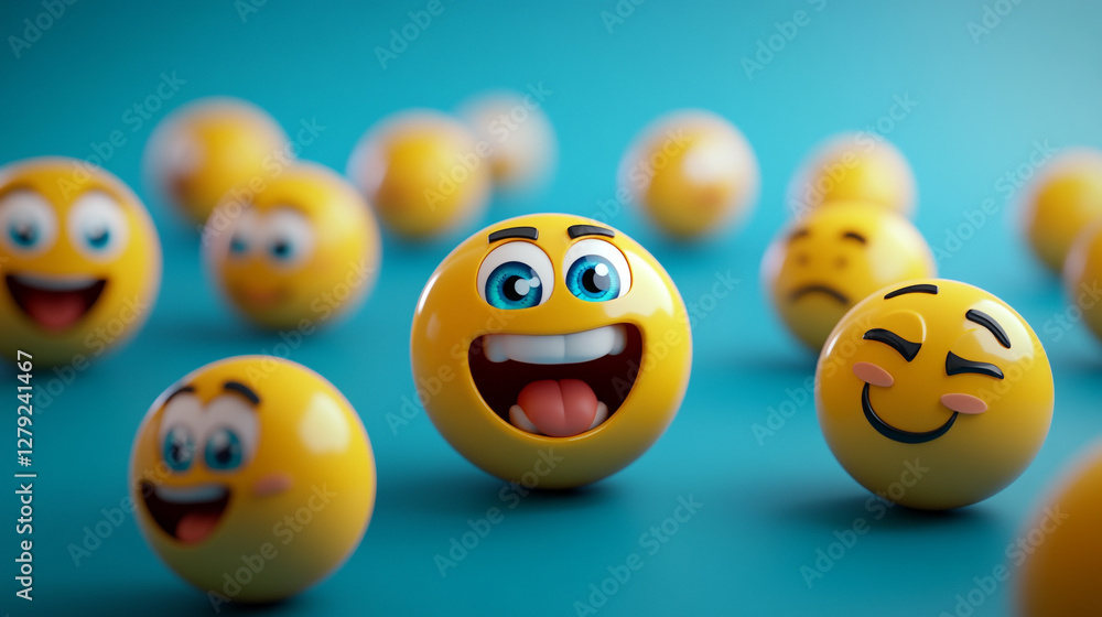 Bright yellow smiley balls express various emotions on a vibrant blue background Bright yellow smiley balls express various emotions on a vibrant blue background