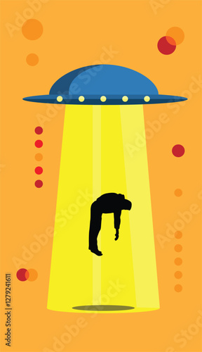 Alien Abduction by UFO Man Silhouette. Science fiction and extraterrestrial life concept vector art