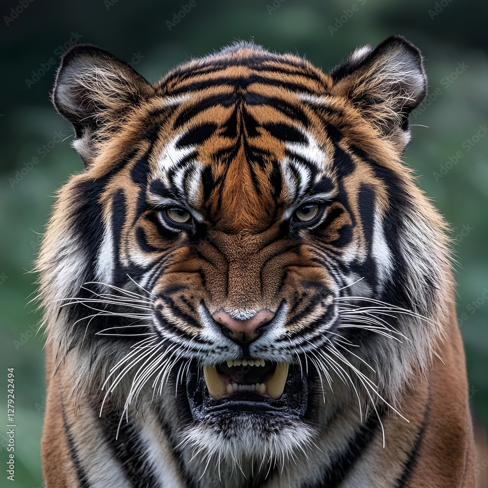Fototapeta premium Fierce Tiger with Intense Eyes and Bared Teeth