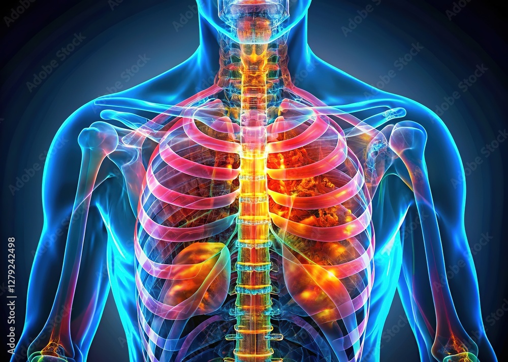 Medical image: panoramic chest X-ray, lungs, ribs, AI analysis. Medical image: panoramic chest X-ray, lungs, ribs, AI analysis.