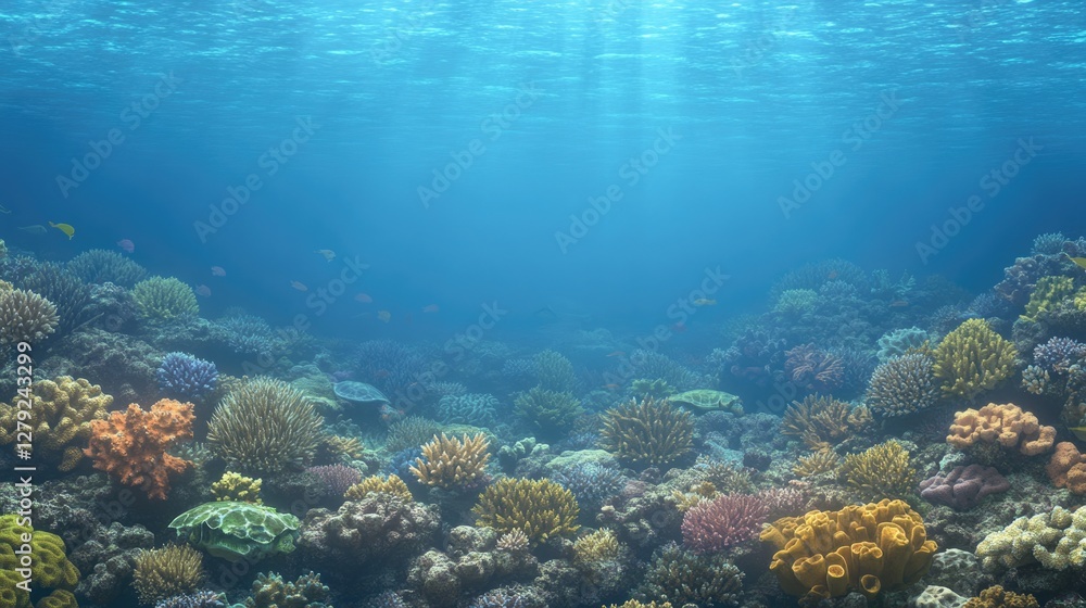 Fototapeta premium Vibrant underwater scene features diverse coral reefs illuminate