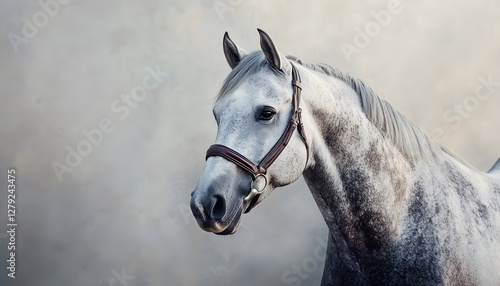 Elegant dapple gray horse portrait with a leather halter