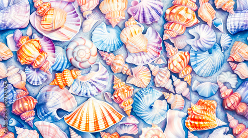 Delicate seashells of various shapes and sizes create a stunning tapestry of colors and textures, evoking the tranquility of ocean shores and marine life.
