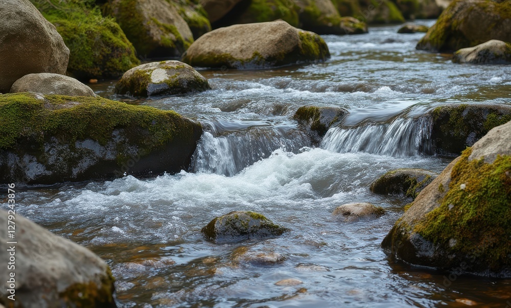 Serene flowing river with lush stones Serene flowing river with lush stones