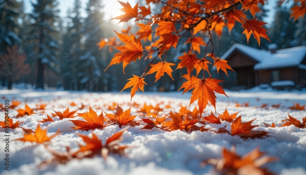 Vibrant Orange Maple Leaves on Snowy Ground in a Winter Landscape Vibrant Orange Maple Leaves on Snowy Ground in a Winter Landscape