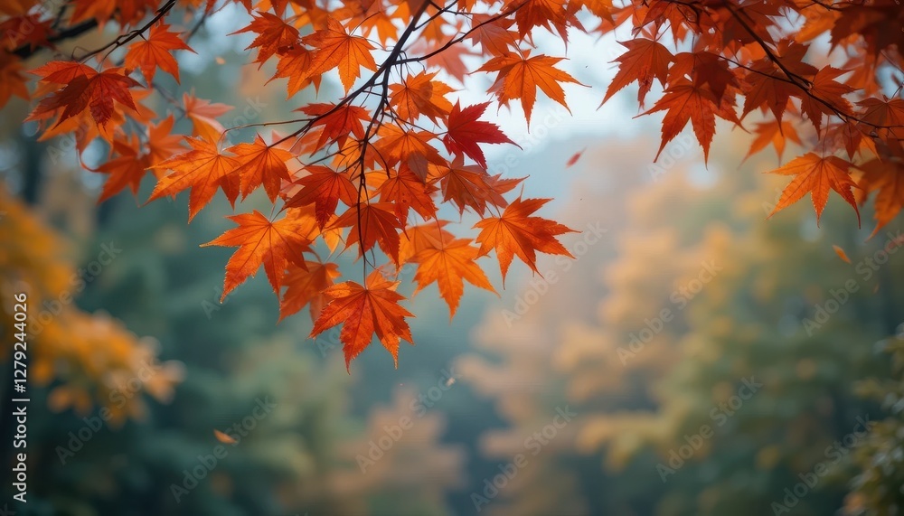 Vibrant Orange Maple Leaves Against Blurred Autumn Forest Background