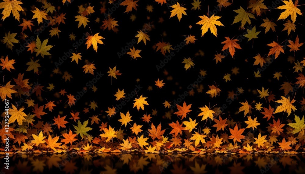 Falling Autumn Leaves with Black Background and Reflection Effect Falling Autumn Leaves with Black Background and Reflection Effect