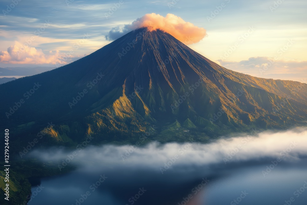 Majestic volcano with misty peak rising above a lush green landscape Majestic volcano with misty peak rising above a lush green landscape