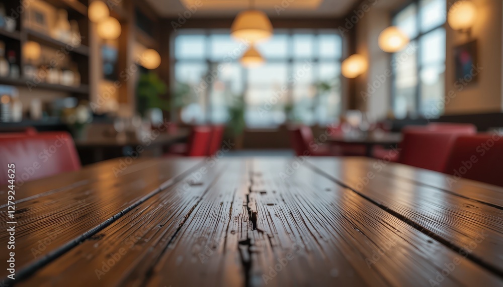 Rustic Wooden Table in Cozy Restaurant with Ambient Lighting Rustic Wooden Table in Cozy Restaurant with Ambient Lighting