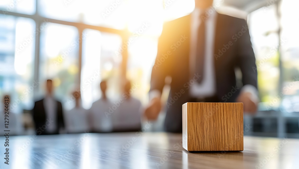 Obraz premium Businessman presenting at a conference, wooden cube on table, colleagues blurred in background; ideal for corporate presentations