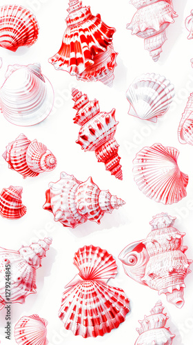 Intricate like hand-drawn patterns showcase a variety of seashells in red shades. Beautiful vertical marine background