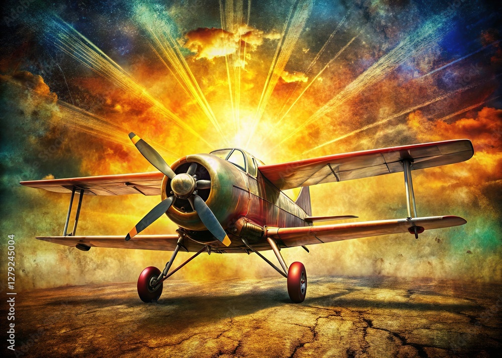 Fototapeta premium Retro aircraft, textured double exposure, gritty art.