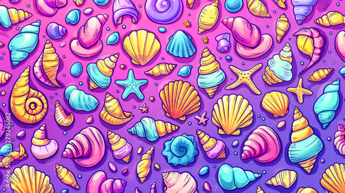 Delicate seashells in a range of vibrant colors and sizes create a whimsical, artistic tapestry. The background transitions from purple to pink, enhancing the childish of marine theme and charm.