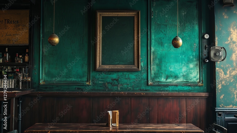 A blank picture frame hanging on the old textured wooden wall in a cosy old english or irish pub