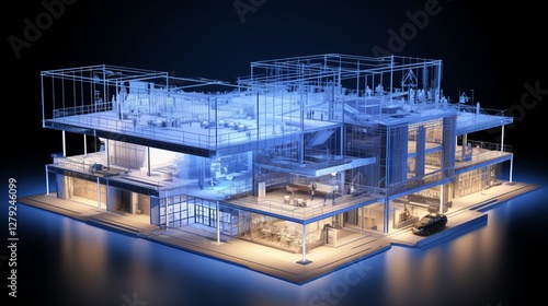 vision of architecture of a 3d model house project with blueprint