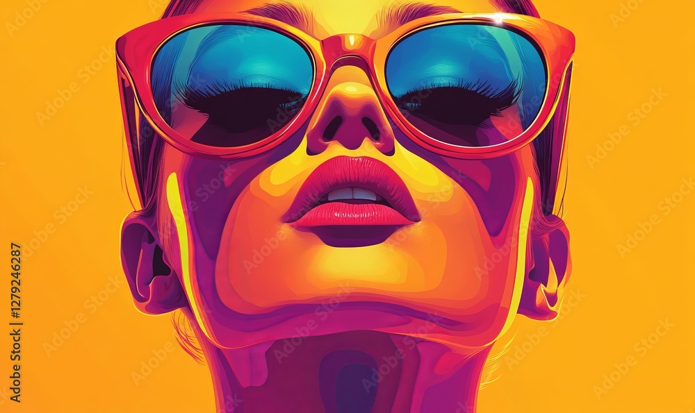 Fototapeta premium Vibrant Retro Pop Art Woman in Sunglasses with Bright Colors and Vintage Charm Modern Poster Design