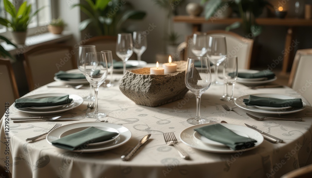 Elegant Table Setting with Candle Arrangement and Green Accents
