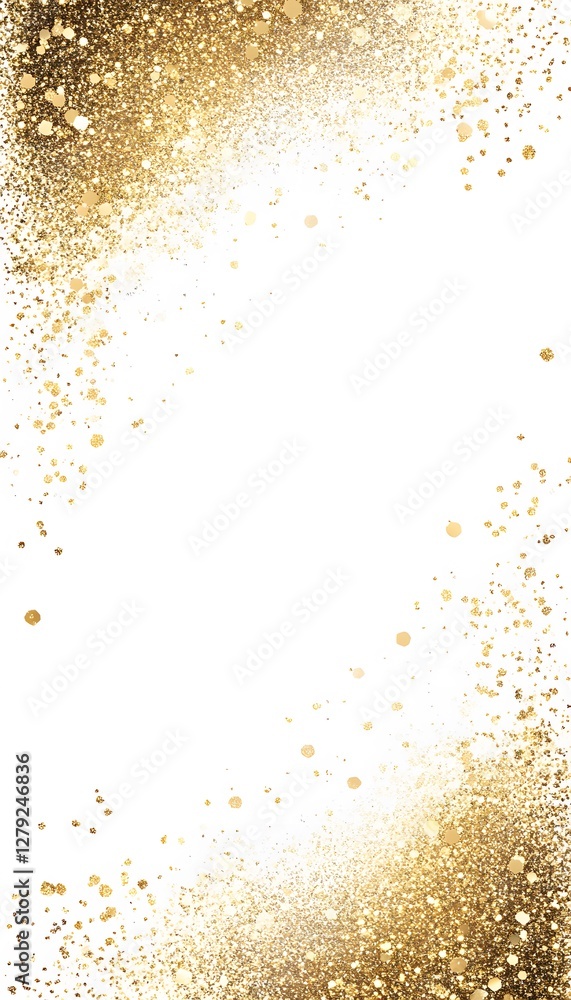 Golden glitter particles create a textured frame on white background Golden glitter particles create a textured frame on white background