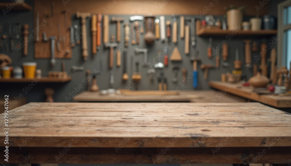Rustic wooden table in carpenter workshop with wall of blurred woodworking hand tools. Empty workbench surface for carpentry product presentation, mockups, background. Woodcraft DIY, home renovation Rustic wooden table in carpenter workshop with wall of blurred woodworking hand tools. Empty workbench surface for carpentry product presentation, mockups, background. Woodcraft DIY, home renovation
