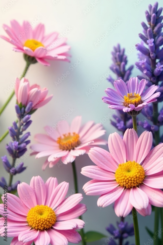 Fototapeta premium Pastel pink and yellow summer flower wallpaper featuring lavender and gerbera daisies, garden wall, delicate patterns, pastel hues