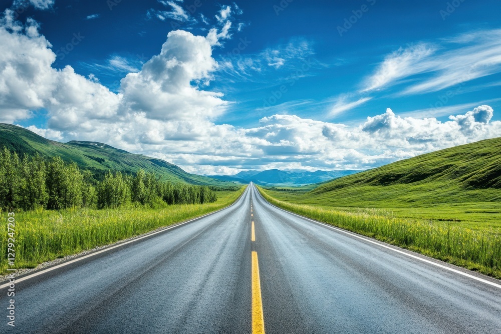 Naklejka premium Stunning long road stretches through green hills under a bright blue sky filled with clouds