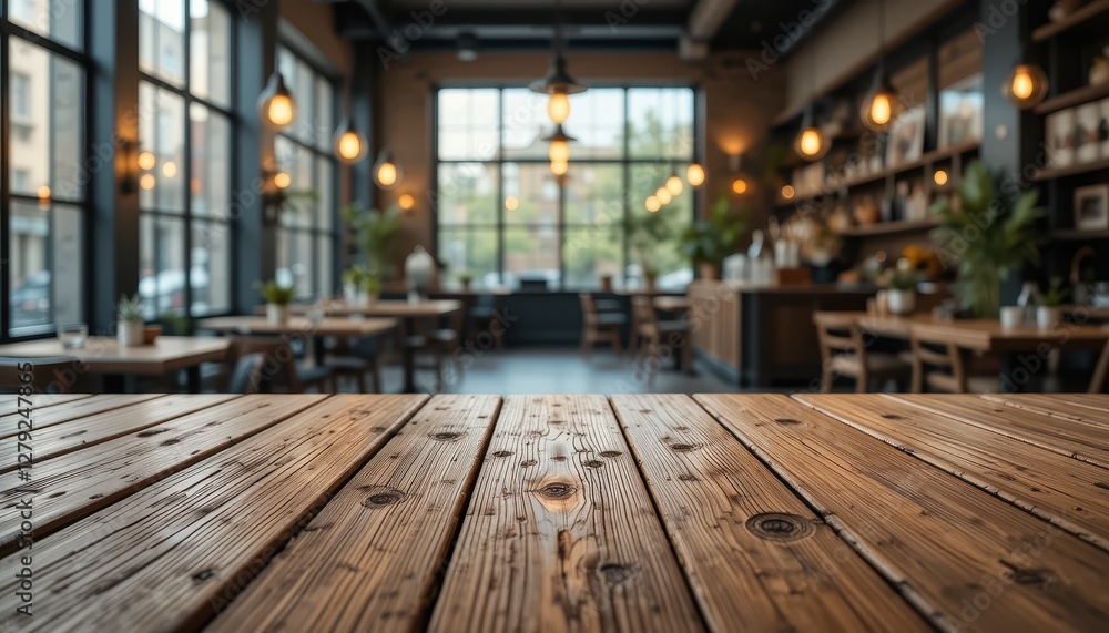 Cozy Cafe Interior with Rustic Wooden Table and Warm Lighting Cozy Cafe Interior with Rustic Wooden Table and Warm Lighting