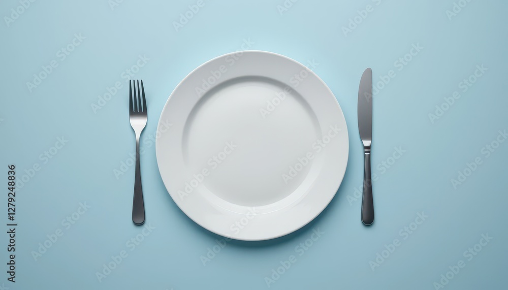 Empty Plate with Fork and Knife on Light Blue Background Empty Plate with Fork and Knife on Light Blue Background