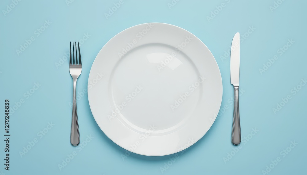 Minimalist Dining Setup with White Plate, Fork, and Knife on Blue Minimalist Dining Setup with White Plate, Fork, and Knife on Blue