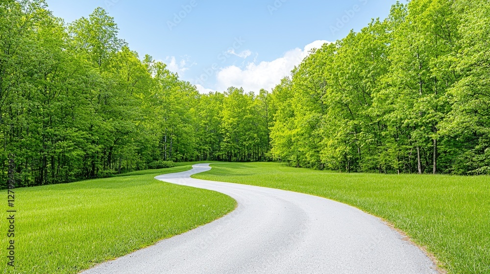 Fototapeta premium Winding road through lush green forest, sunny day. Ideal for travel brochures