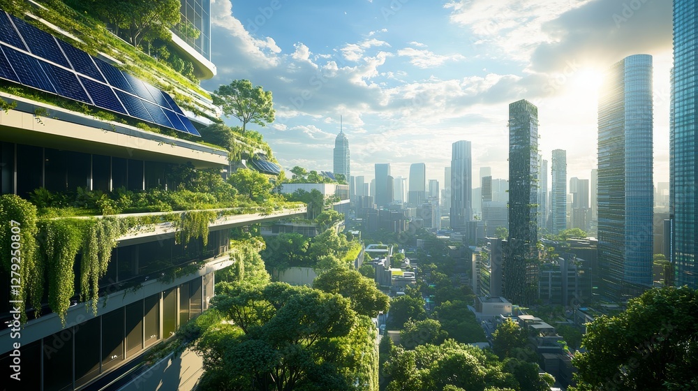 Obraz premium Urban Landscape With Green Architecture and Solar Panels in a Futuristic City at Sunset Showcasing Sustainability and Modern Living