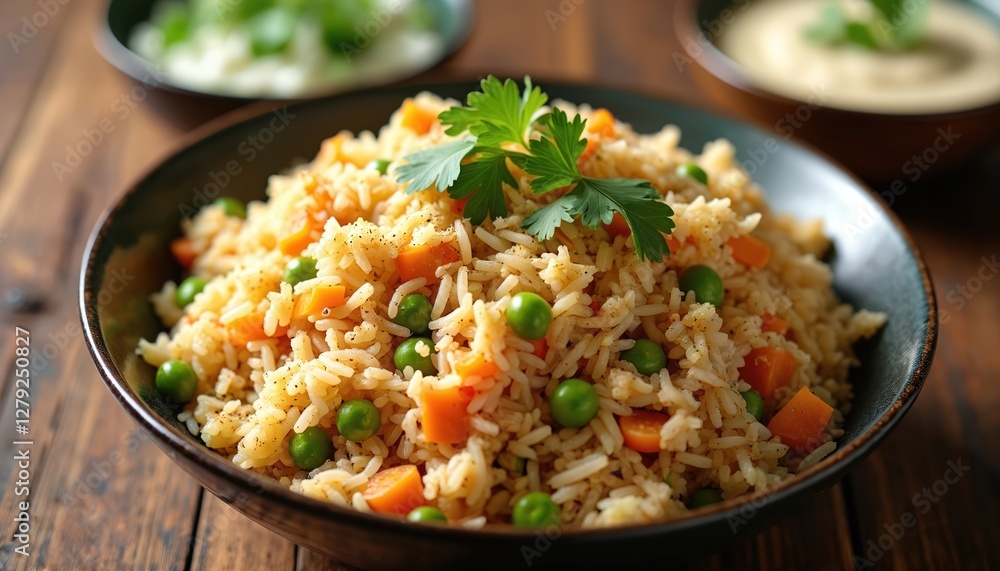 Fragrant pulao dish features mixed vegetables and spices, served in dark bowl on wooden table. Rice dish consist of carrot and peas. Healthy vegetarian diet full of vitamins. Asian cuisine. Fragrant pulao dish features mixed vegetables and spices, served in dark bowl on wooden table. Rice dish consist of carrot and peas. Healthy vegetarian diet full of vitamins. Asian cuisine.