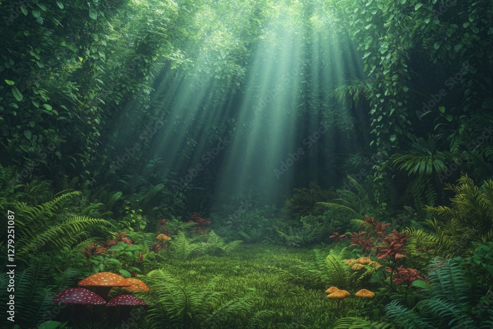 Fototapeta premium Lush forest illuminated by soft rays of sunlight, vibrant flora