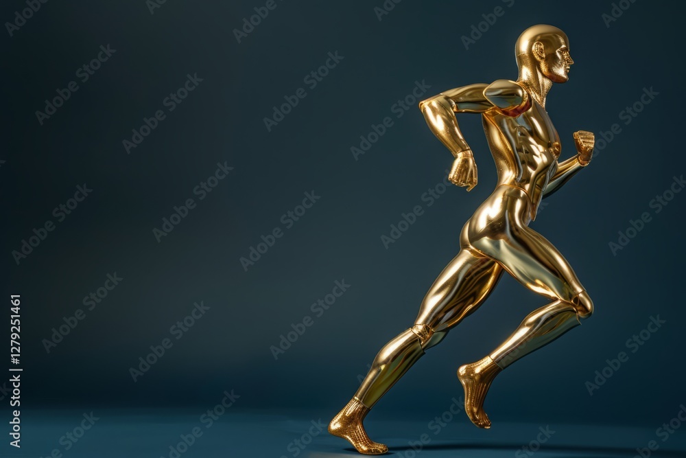 Golden Human Figure Running in Dynamic Pose on Dark Background Golden Human Figure Running in Dynamic Pose on Dark Background