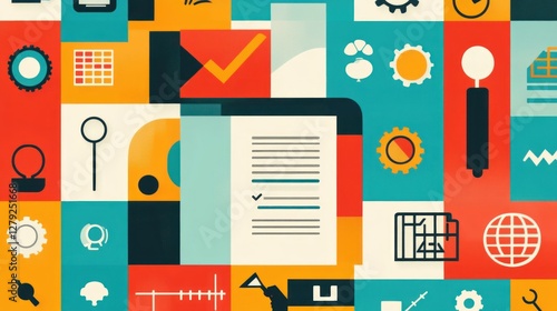 Abstract Colorful Design:  A vibrant collage of modern icons representing business, technology, and planning.