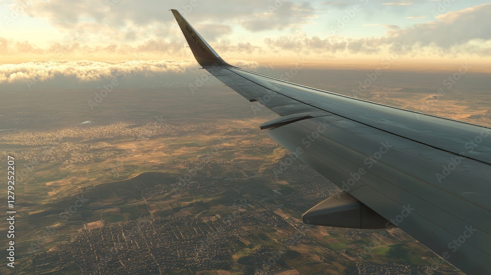 Views of a Sprawling Landscape Taken From an Airplane Window as the Sun Sets, With Clouds Glowing in Warm Hues and the Wing Extending Into the Frame Views of a Sprawling Landscape Taken From an Airplane Window as the Sun Sets, With Clouds Glowing in Warm Hues and the Wing Extending Into the Frame