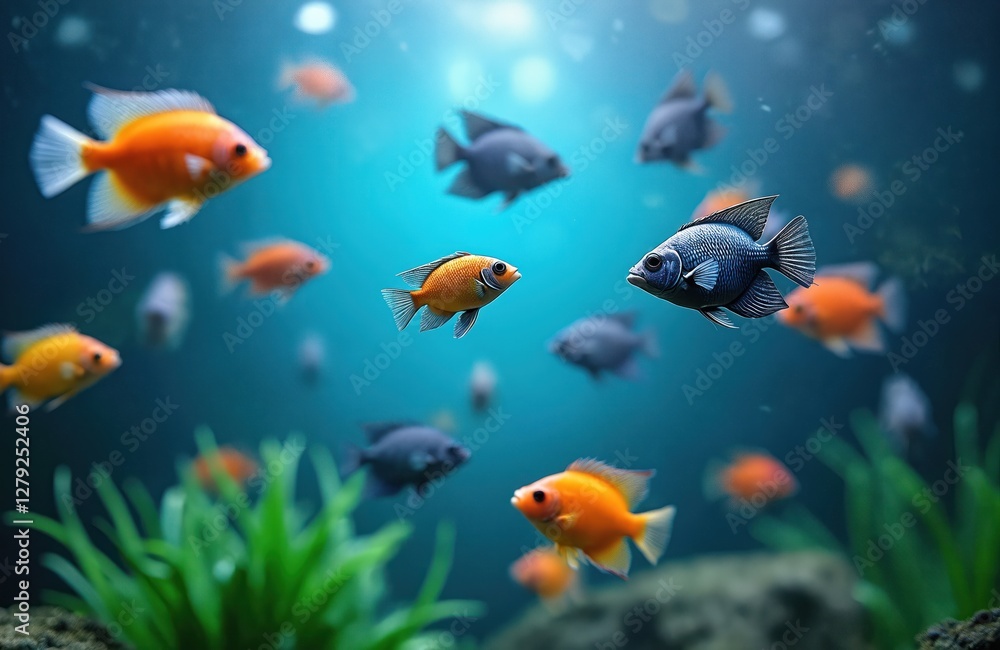 Colorful exotic fish swim in deep blue aquarium water with green plants. Decorative many-coloured goldfish floating. Underwater vibrant wildlife nature scene. Aquatic atoll marine life ecosystem. Colorful exotic fish swim in deep blue aquarium water with green plants. Decorative many-coloured goldfish floating. Underwater vibrant wildlife nature scene. Aquatic atoll marine life ecosystem.