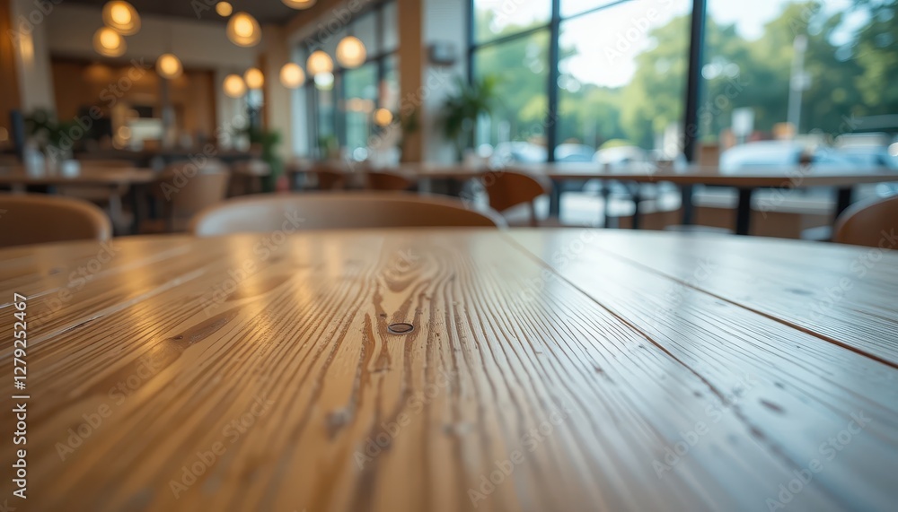 Wooden Table Surface in Modern Cafe with Bright Natural Light Wooden Table Surface in Modern Cafe with Bright Natural Light