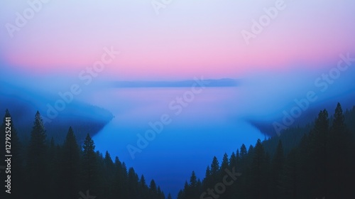 Serene landscape showcases misty lake surrounded by dark silhoue